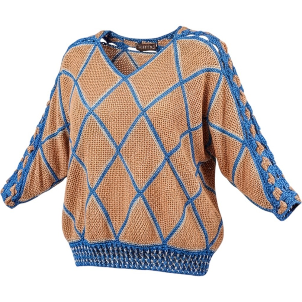Norma Canada Vintage Leather Crochet Knit Top Tan Blue Diamond Pattern Medium